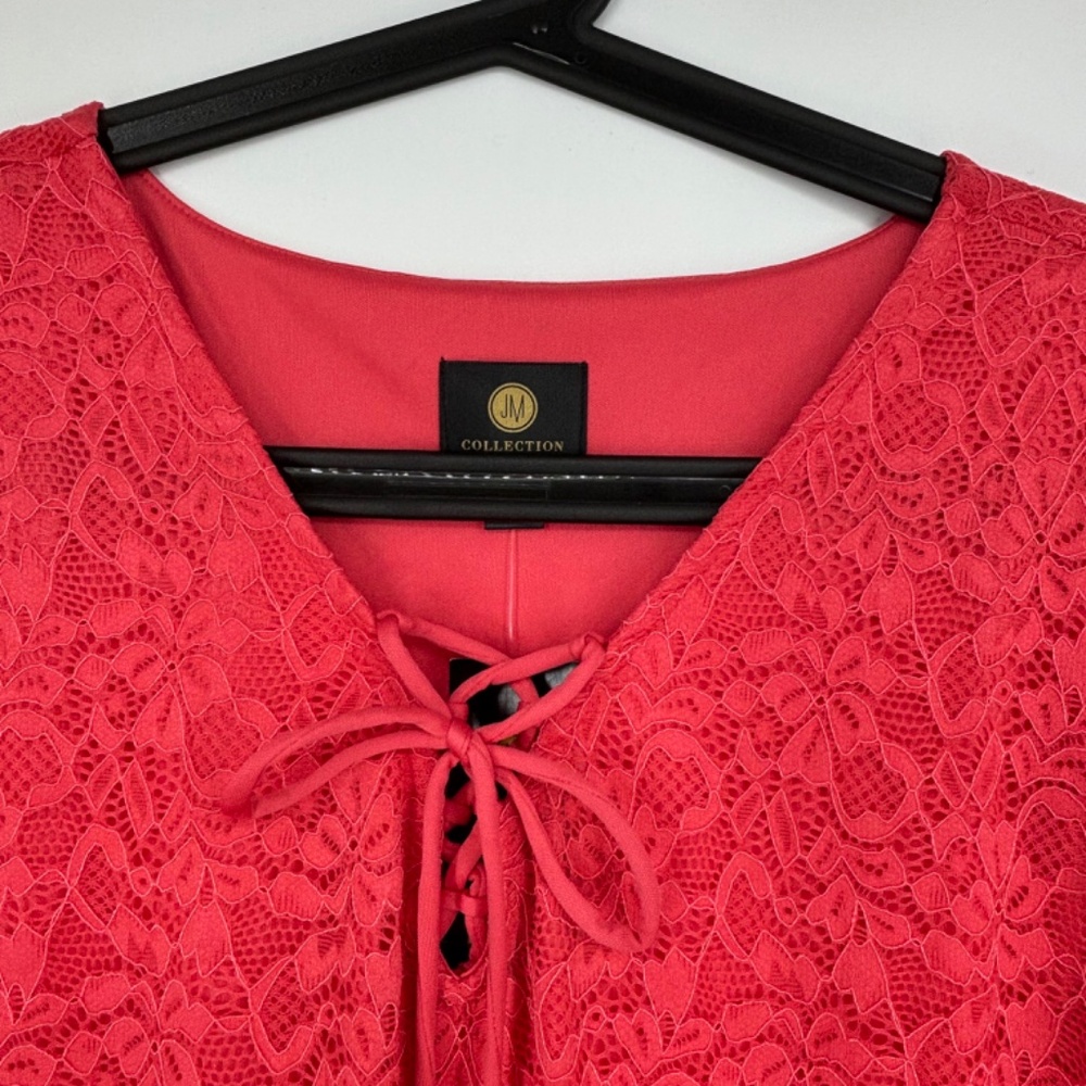 JM Collection Womens XL Lace-Up Tunic Top Starfish Coral Floral Lace 3/4 Sleeves - Picture 5 of 10